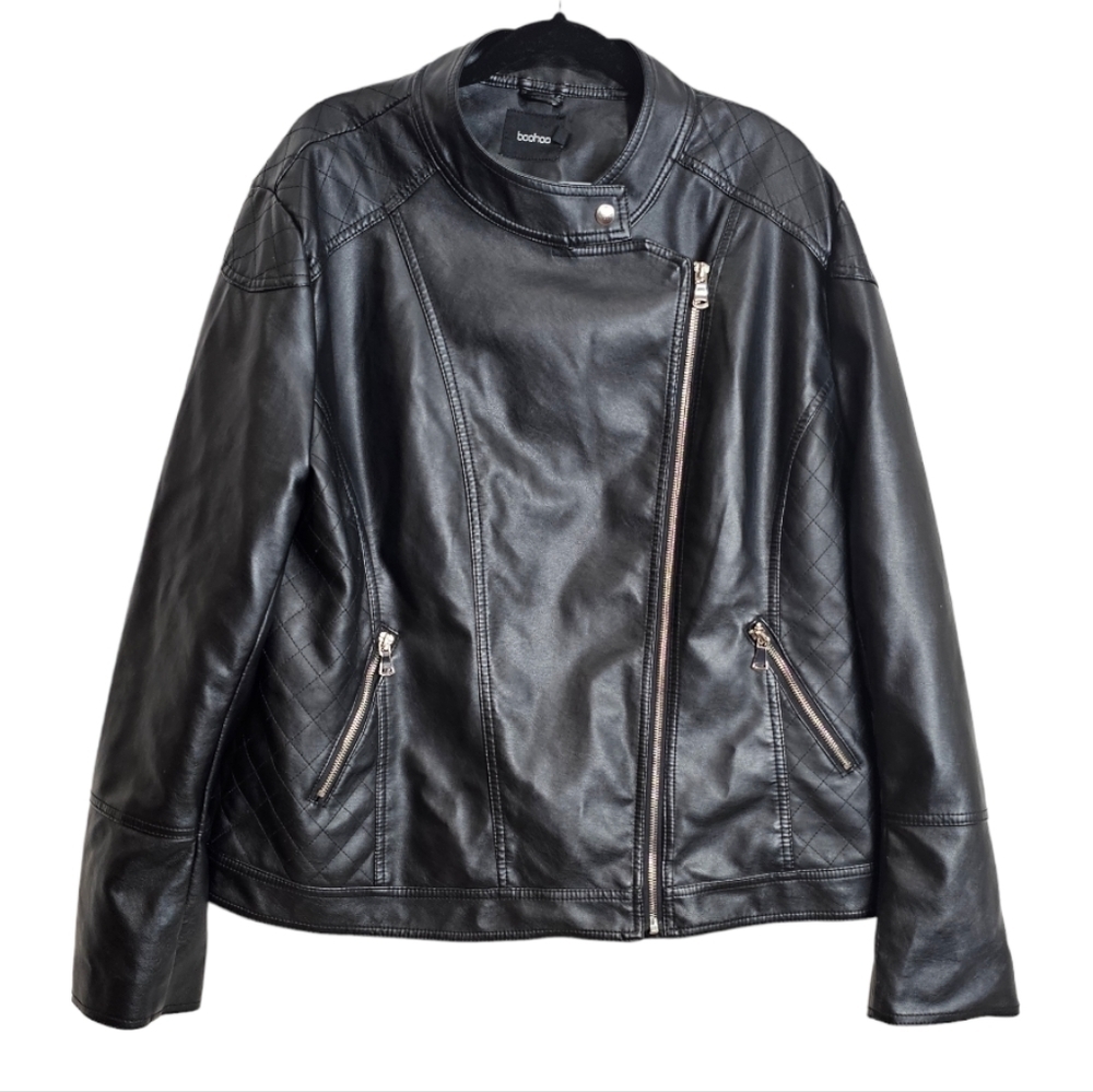 Boohoo Woman's Black Faux Leather Jacket with Silver toned Hardware Size 18